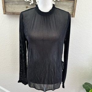 ModCloth black sheer mesh long sleeve metallic top‎ size L NWT